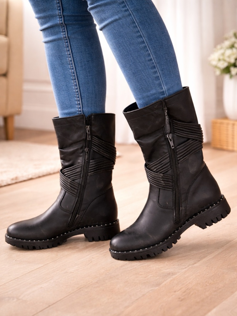 Sheridan Mia Black Lace-Up Mid-Calf Boots